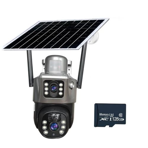 Solar- Powered 4G Dual Lens Security Camera 4MP- CCTV Camera- With Free Memory Card 128 GB- Gray