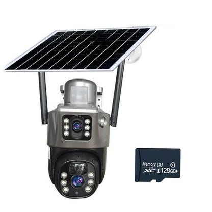 Solar- Powered 4G Dual Lens Security Camera 4MP- CCTV Camera- With Free Memory Card 128 GB- Gray